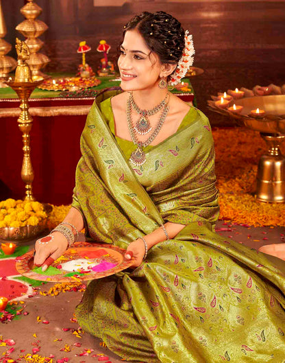 Mehandi Green Silk Woven Banarasi Saree