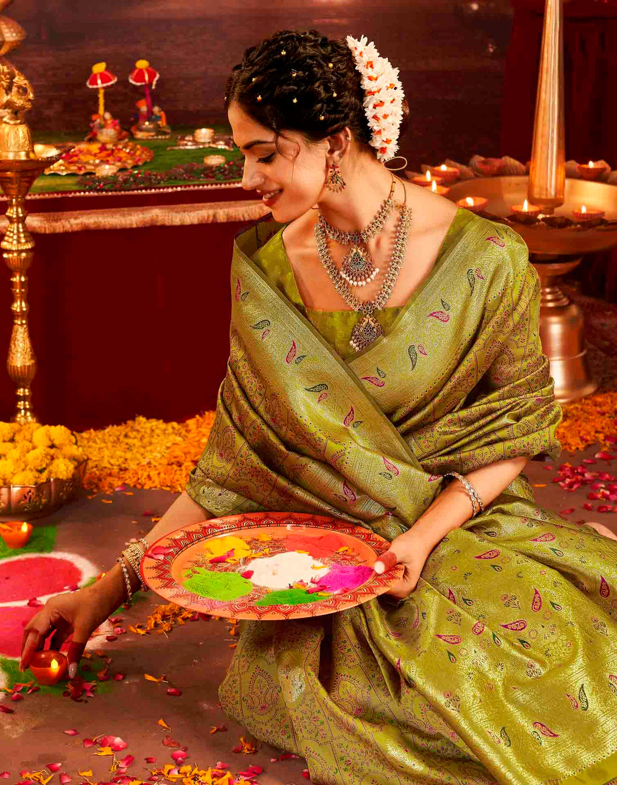 Mehandi Green Silk Woven Banarasi Saree