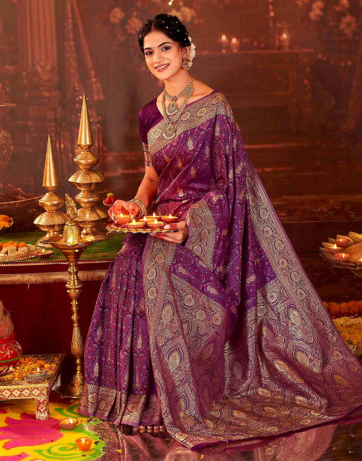 Dark Purple Silk Woven Banarasi Saree