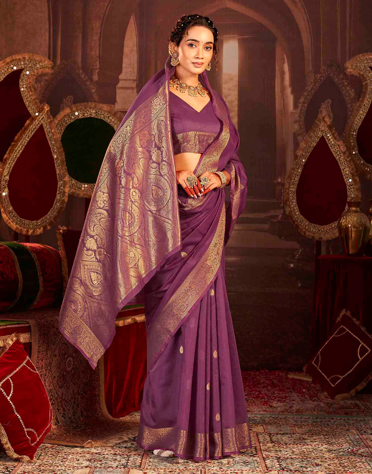 Wine Cotton Woven Saree