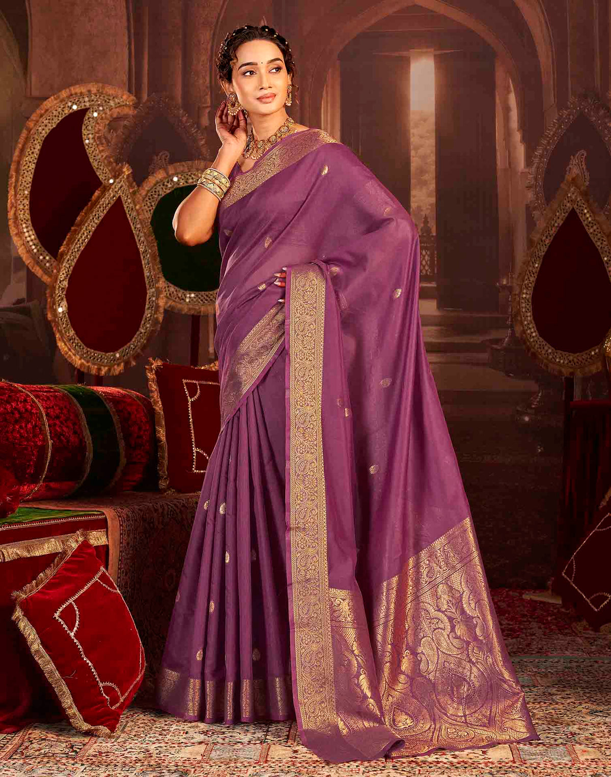 Wine Cotton Woven Saree