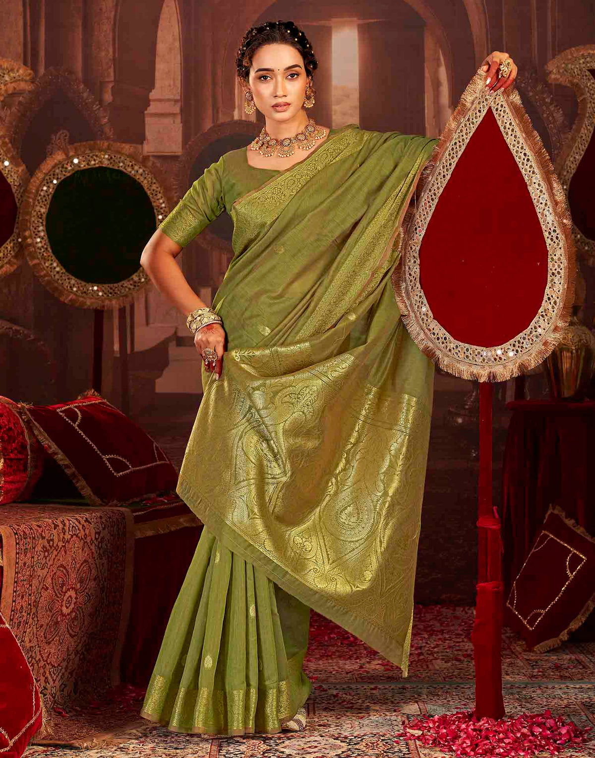 Mehandi Green Cotton Woven Saree
