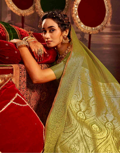 Mehandi Green Cotton Woven Saree