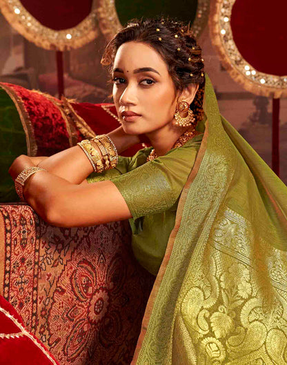 Mehandi Green Cotton Woven Saree