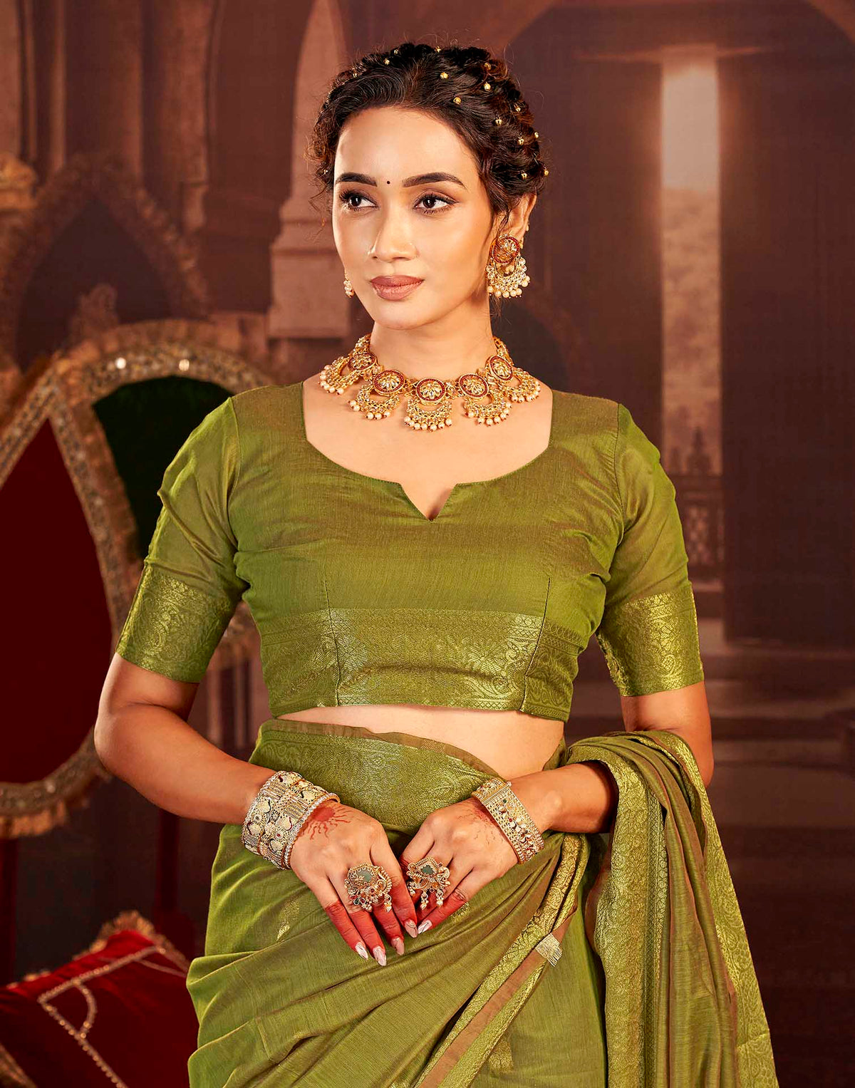 Mehandi Green Cotton Woven Saree