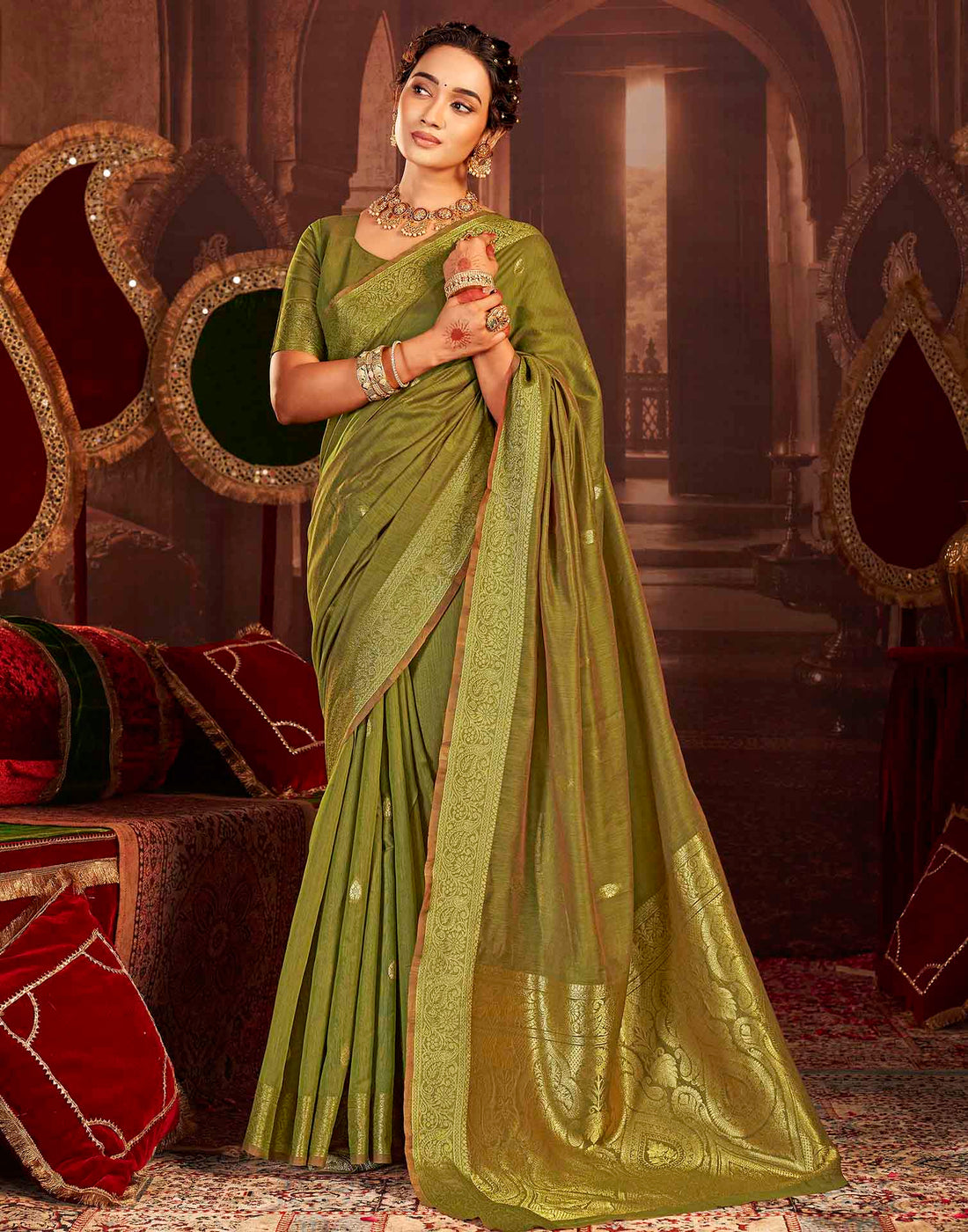Mehandi Green Cotton Woven Saree