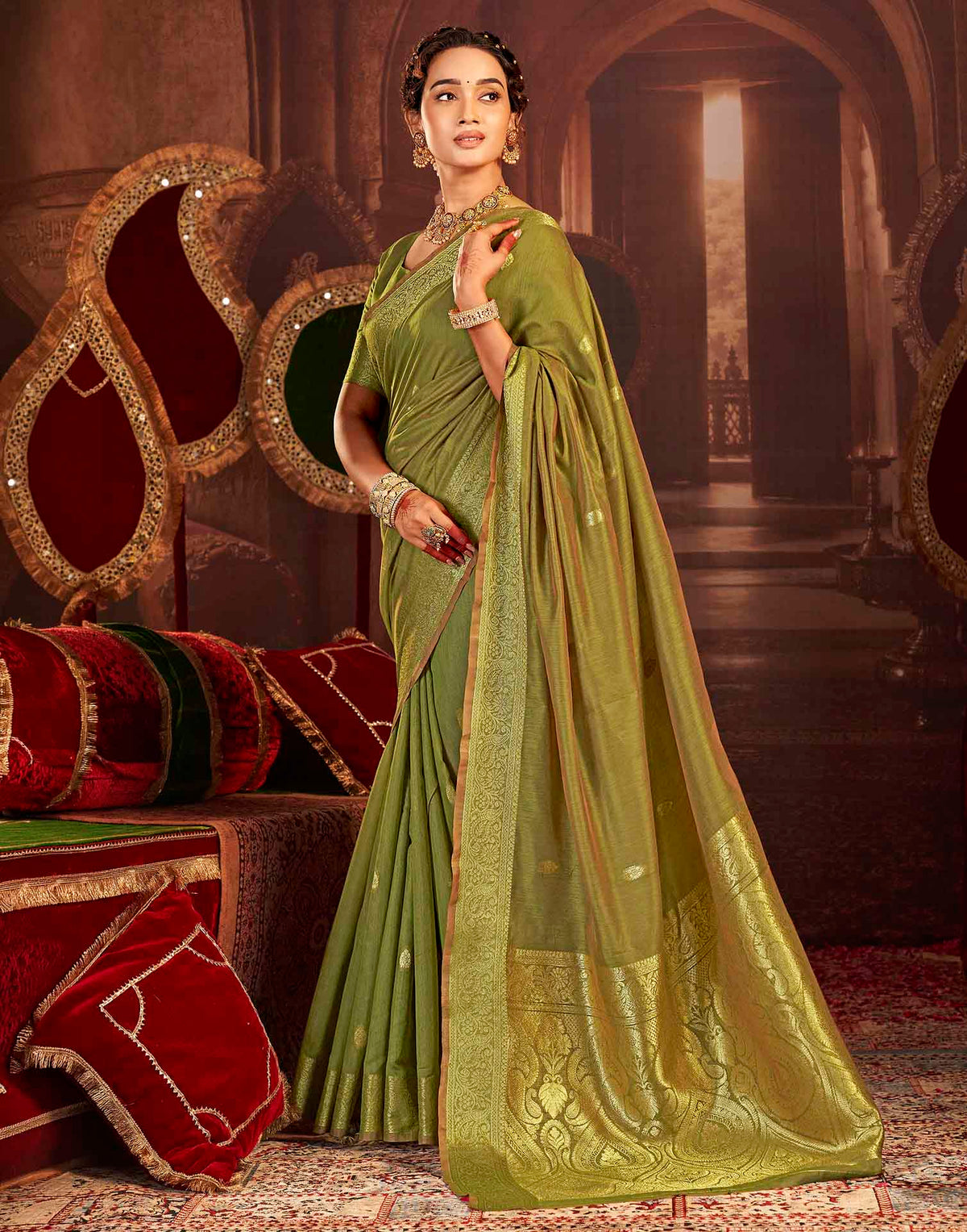 Mehandi Green Cotton Woven Saree