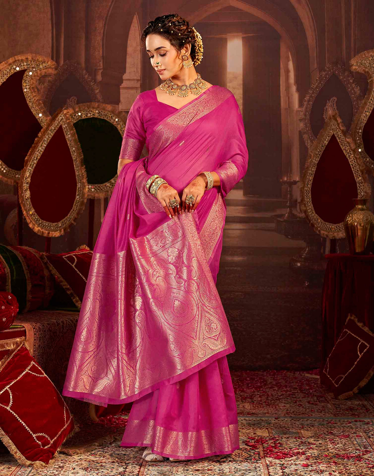 Dark Pink Cotton Woven Saree