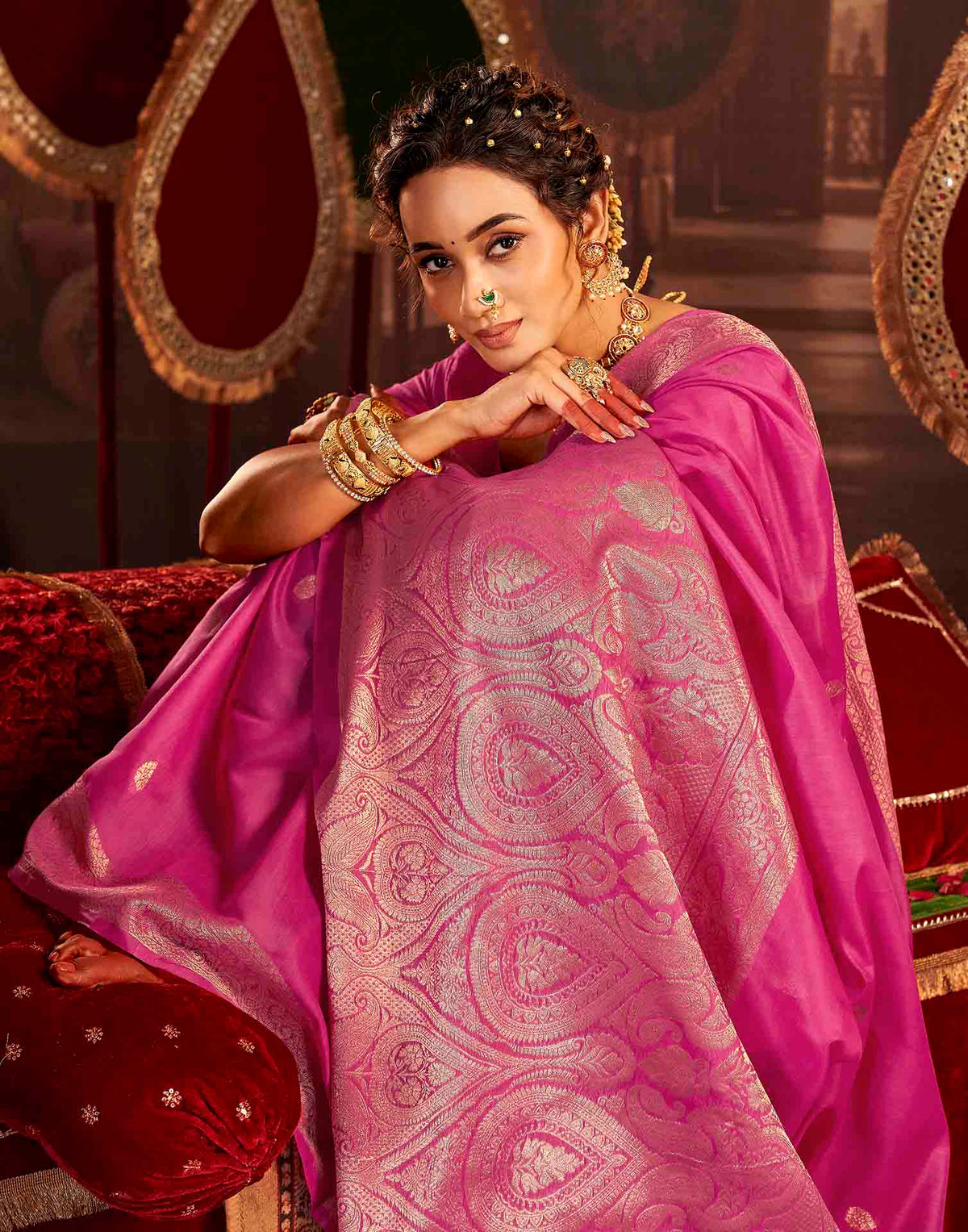 Dark Pink Cotton Woven Saree