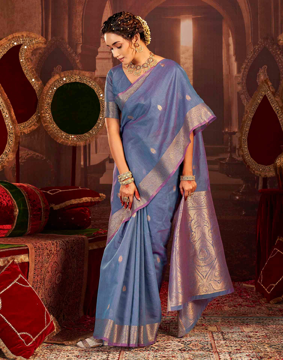 Dusty Blue Cotton Woven Saree