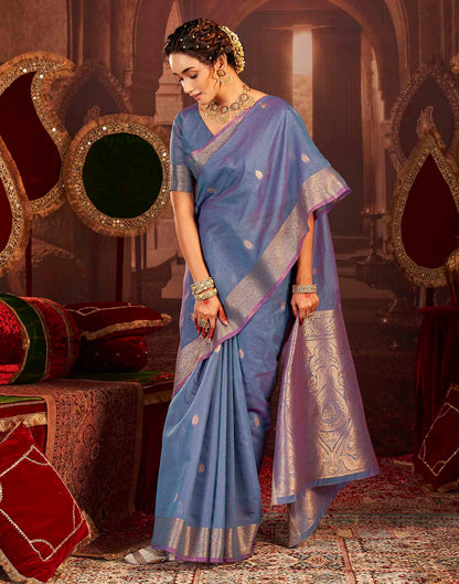 Dusty Blue Cotton Woven Saree