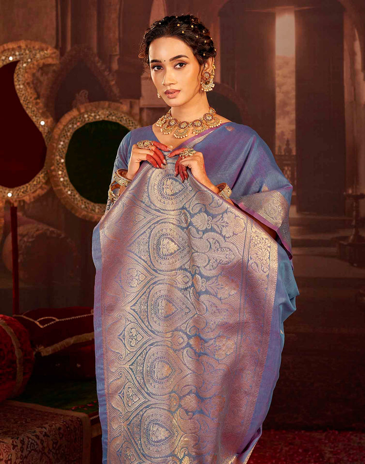 Dusty Blue Cotton Woven Saree