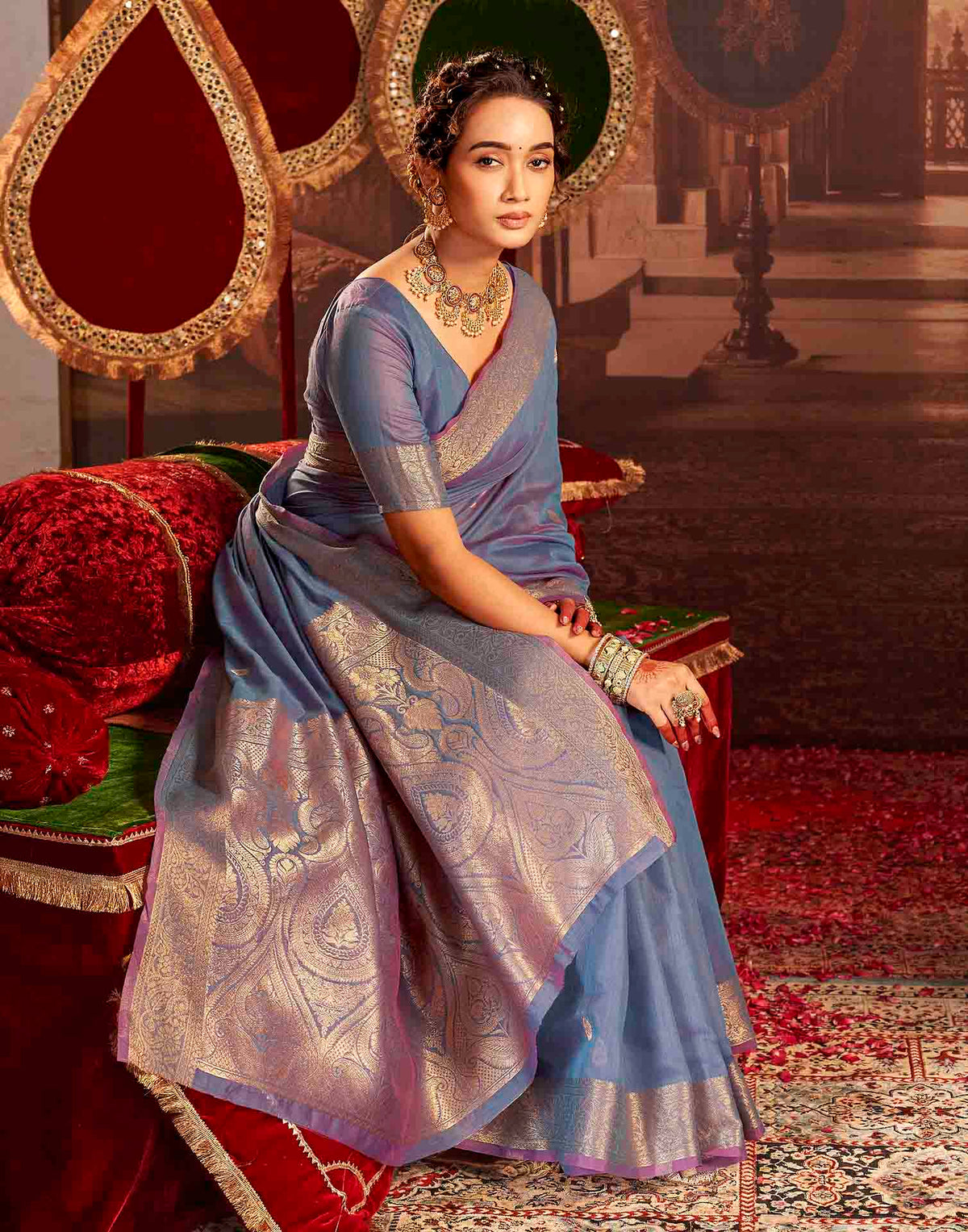 Dusty Blue Cotton Woven Saree
