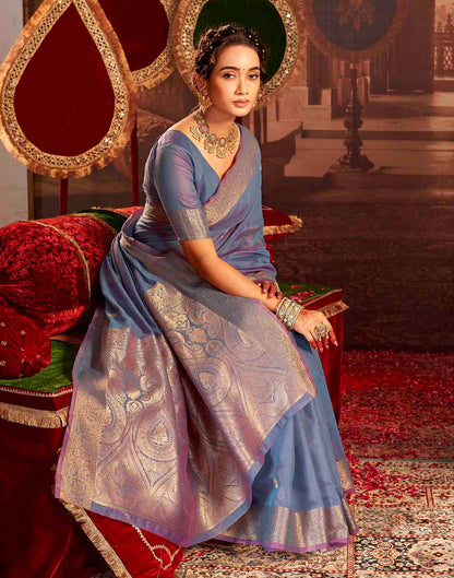 Dusty Blue Cotton Woven Saree