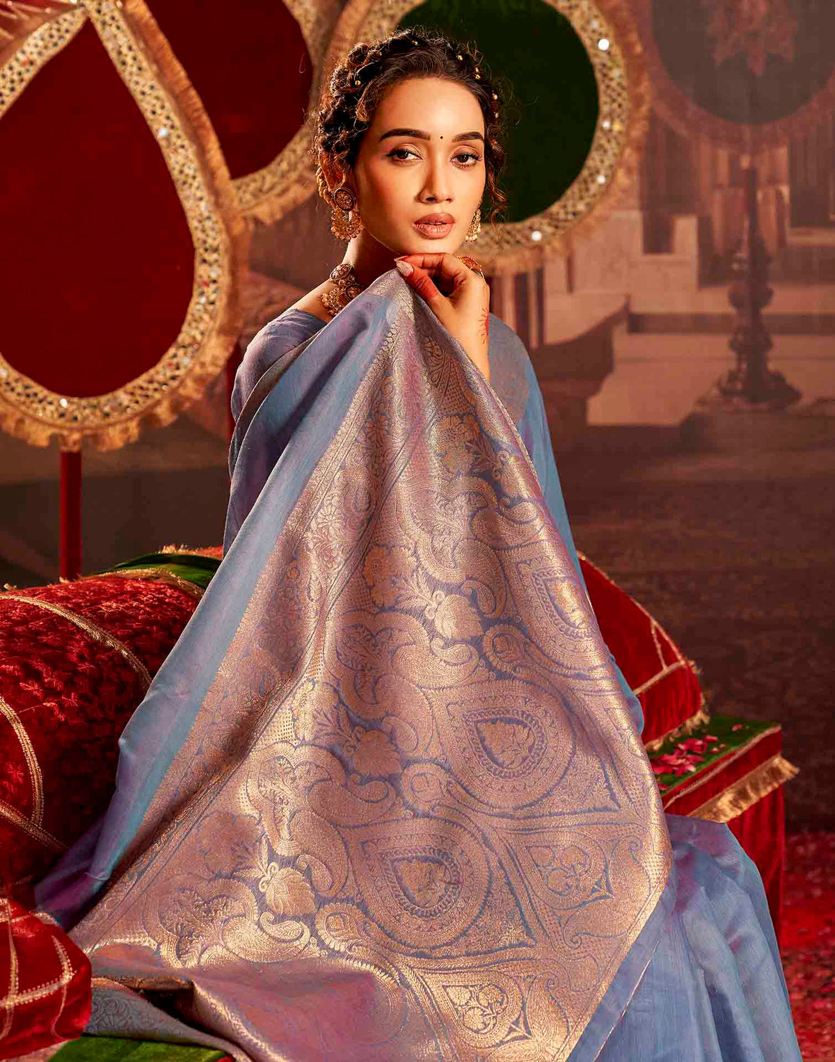 Dusty Blue Cotton Woven Saree