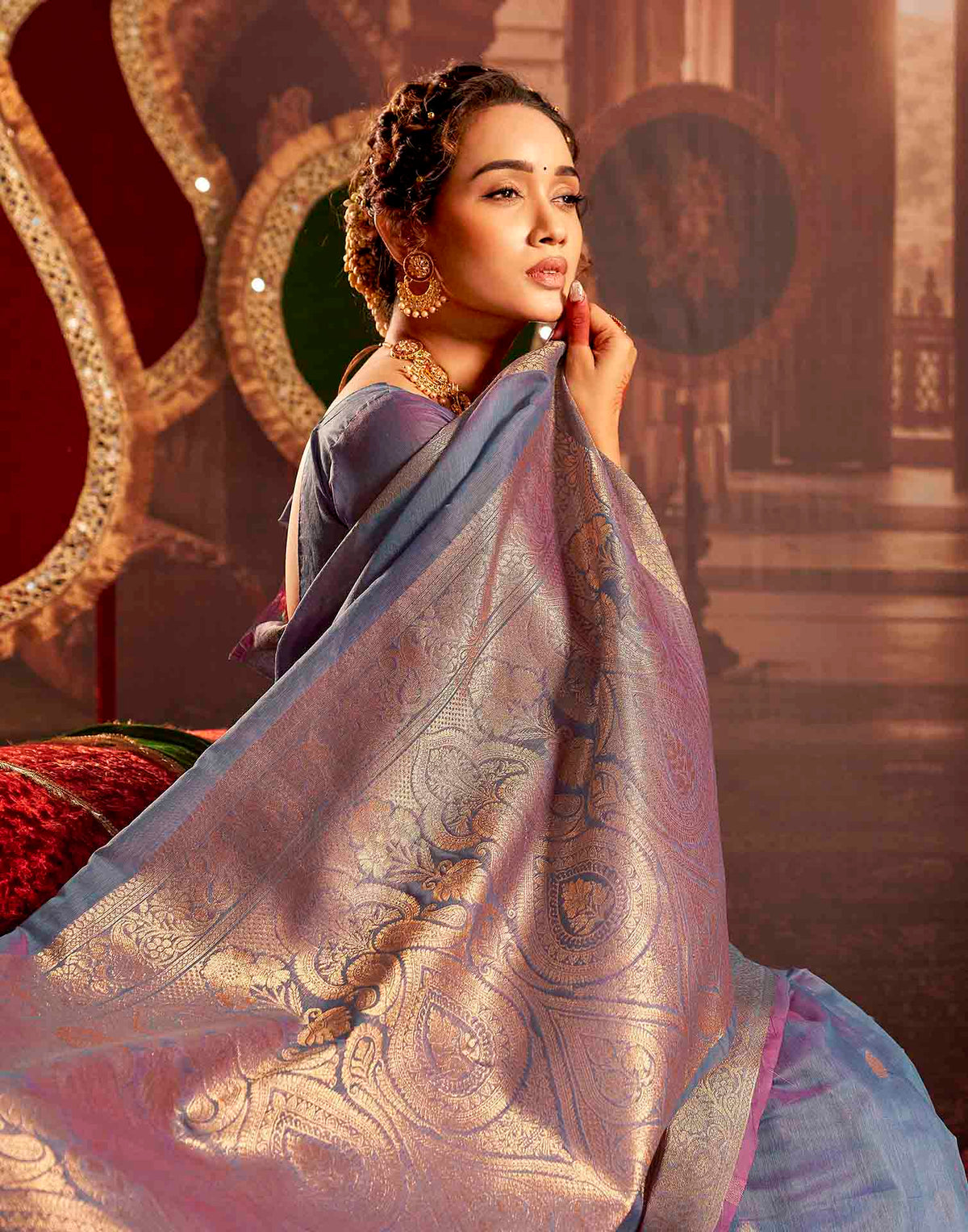 Dusty Blue Cotton Woven Saree