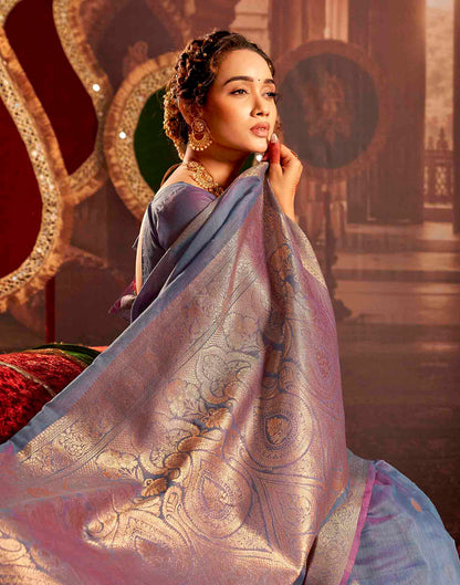 Dusty Blue Cotton Woven Saree