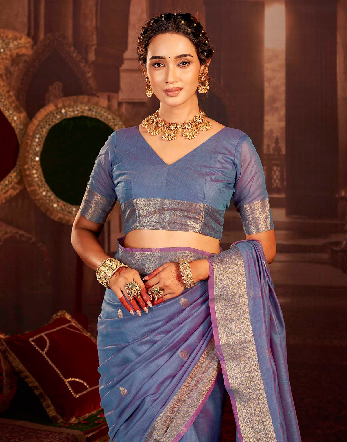 Dusty Blue Cotton Woven Saree