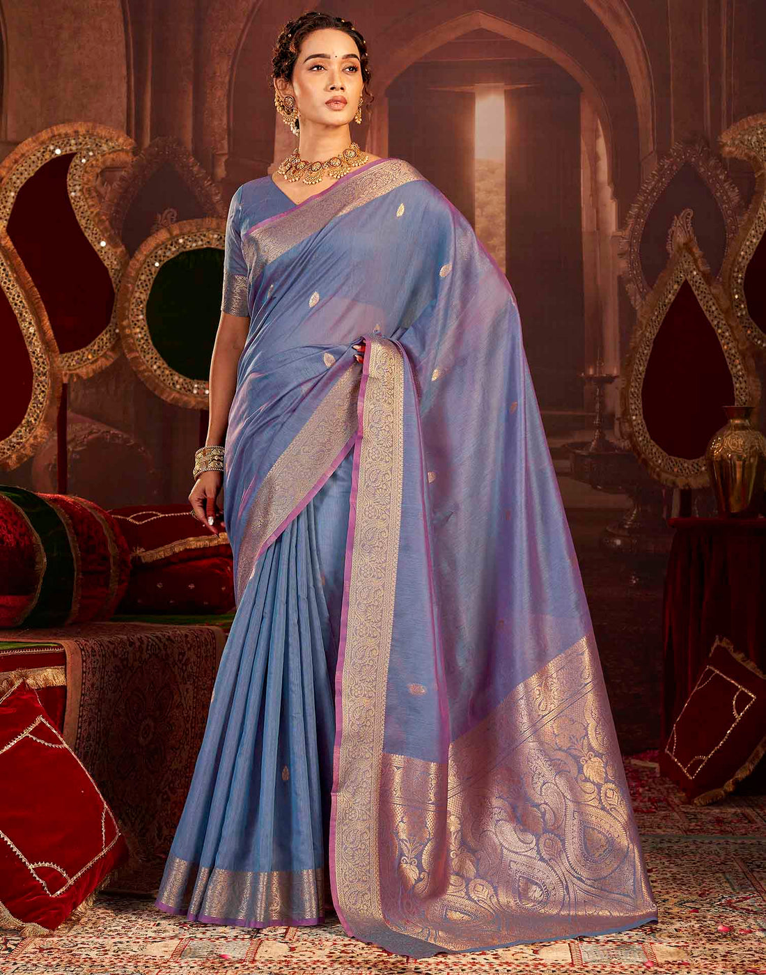 Dusty Blue Cotton Woven Saree
