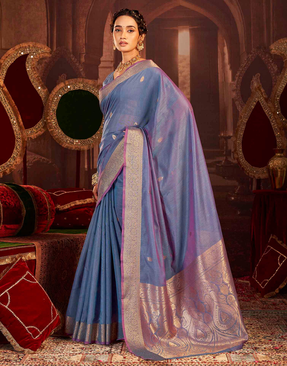Dusty Blue Cotton Woven Saree