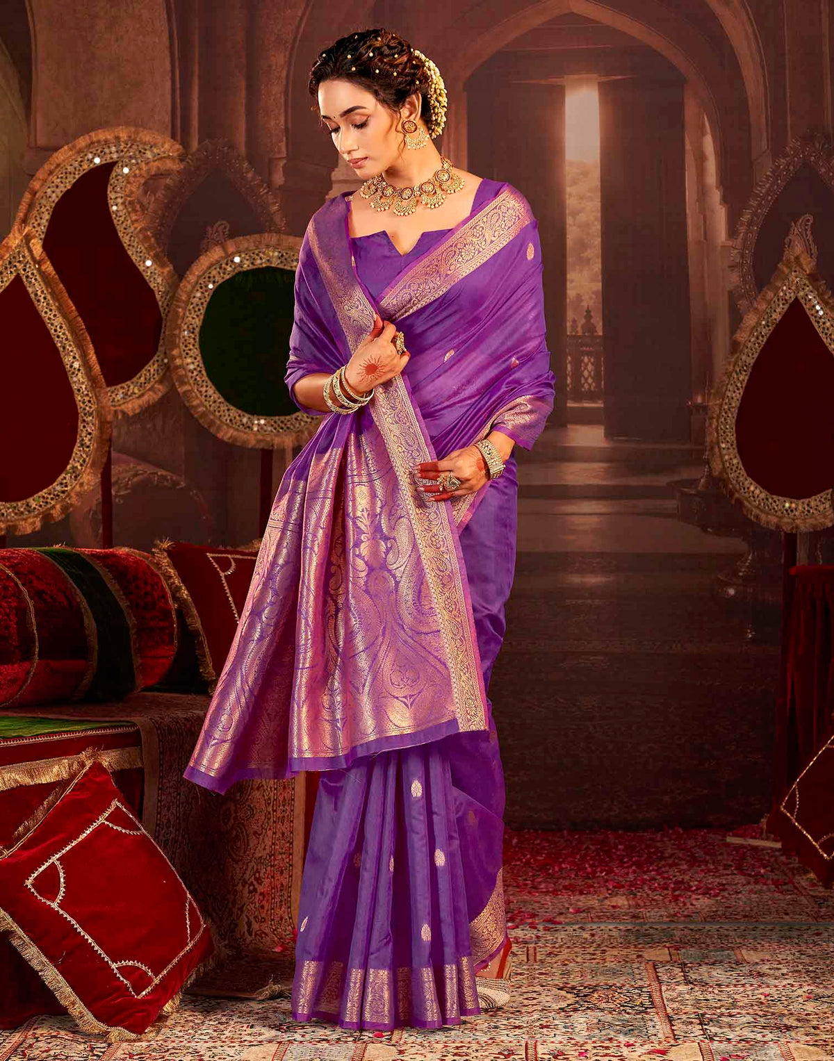 Purple Cotton Woven Saree