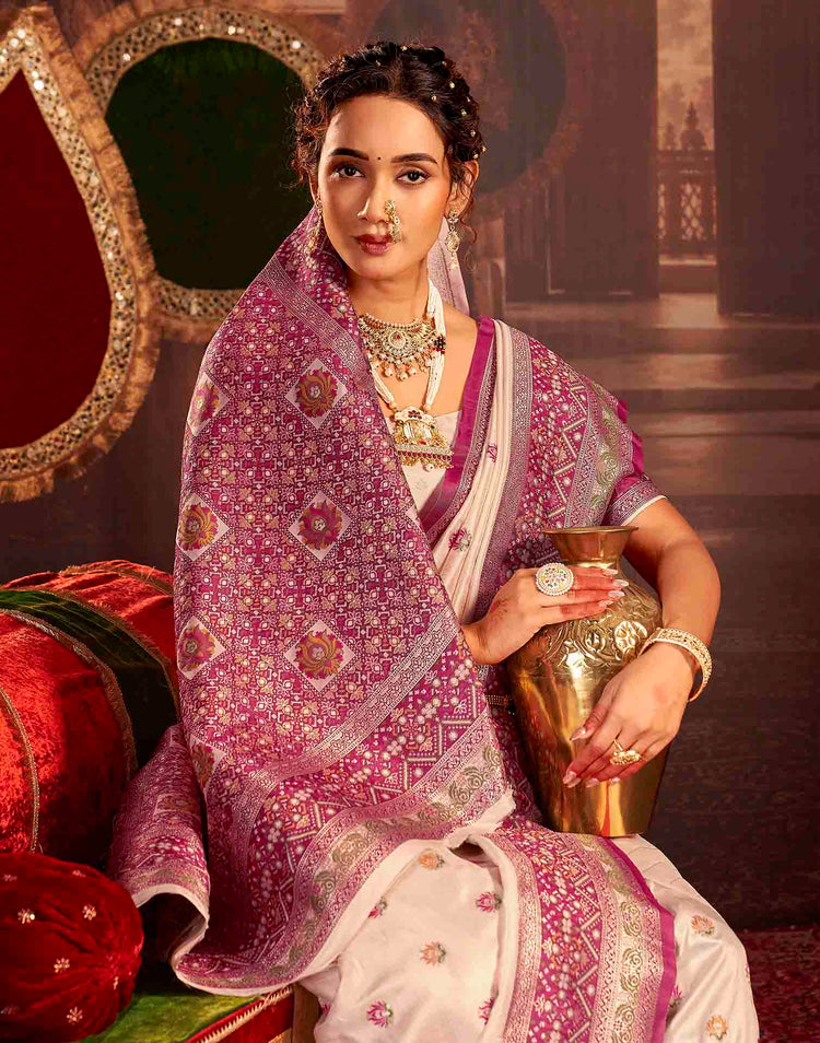 Cream Silk Woven Banarasi Saree
