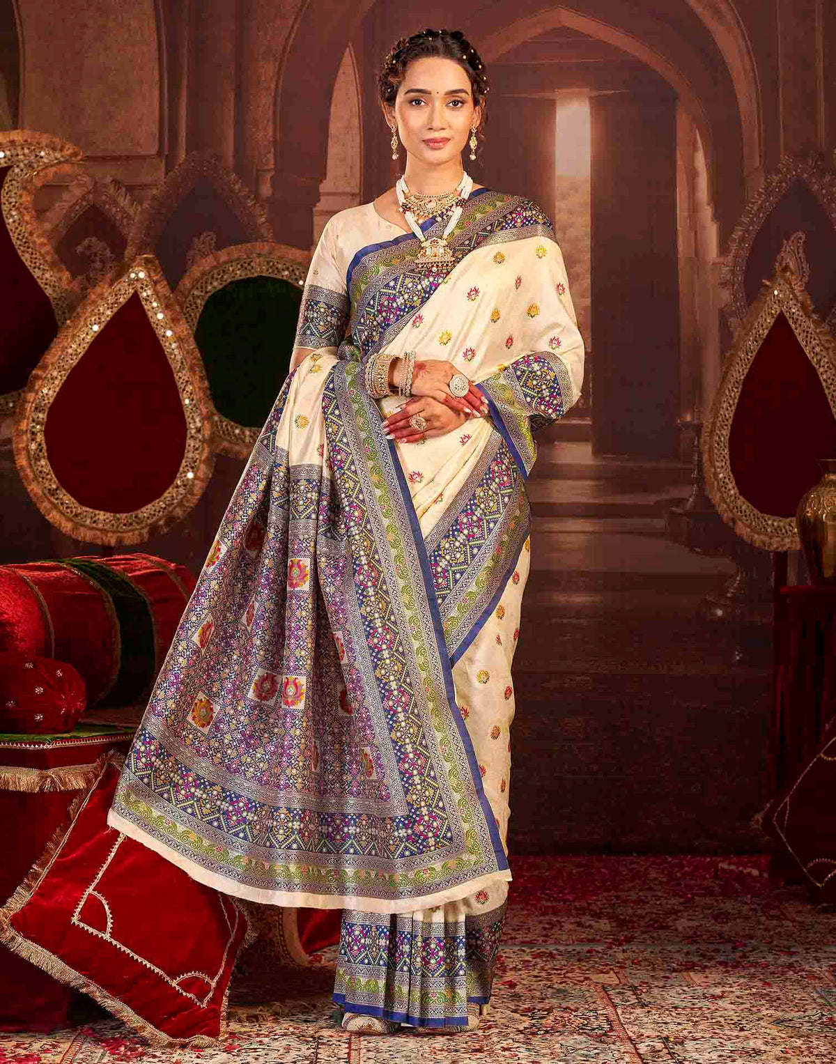 Cream Silk Woven Banarasi Saree