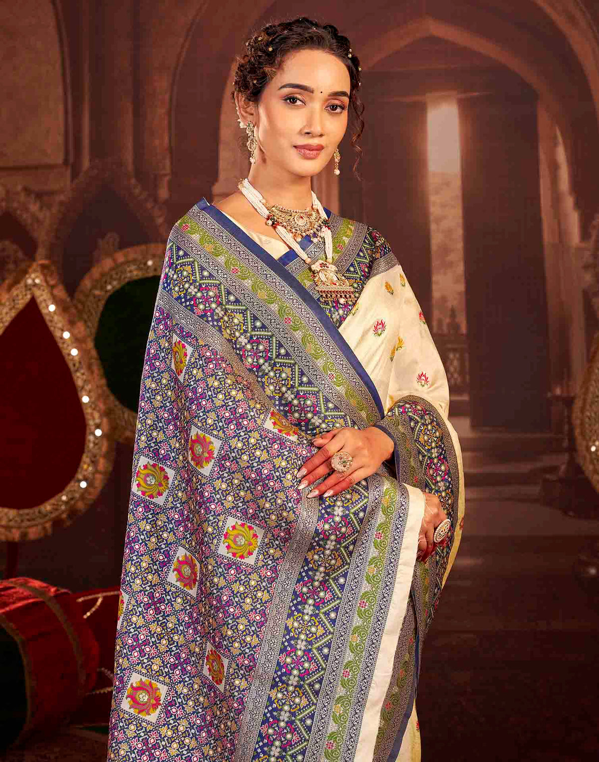 Cream Silk Woven Banarasi Saree