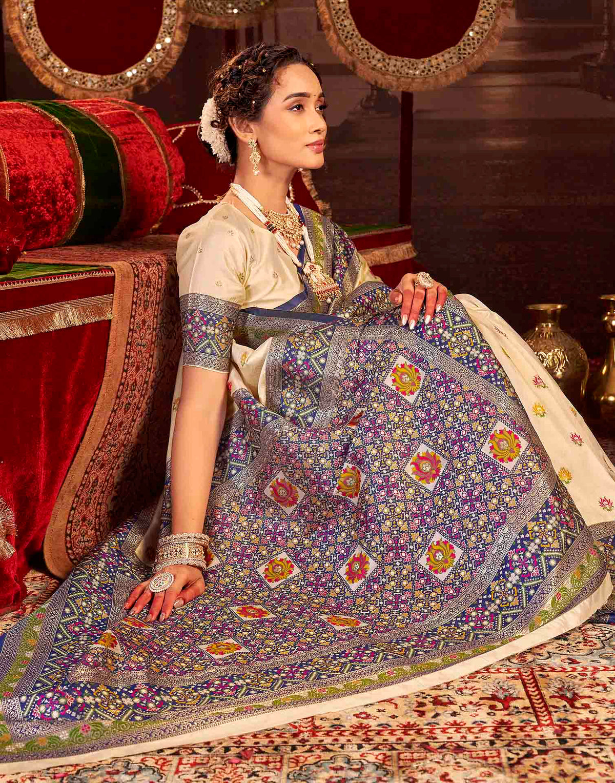 Cream Silk Woven Banarasi Saree