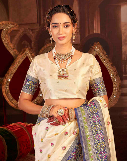 Cream Silk Woven Banarasi Saree