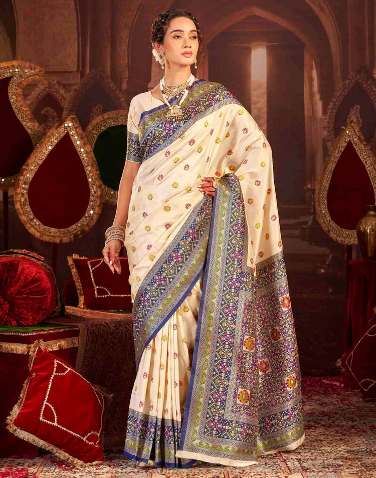 Cream Silk Woven Banarasi Saree