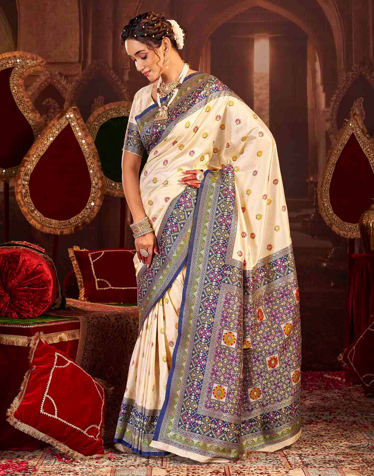 Cream Silk Woven Banarasi Saree