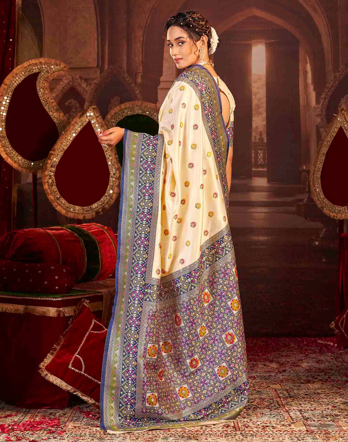 Cream Silk Woven Banarasi Saree