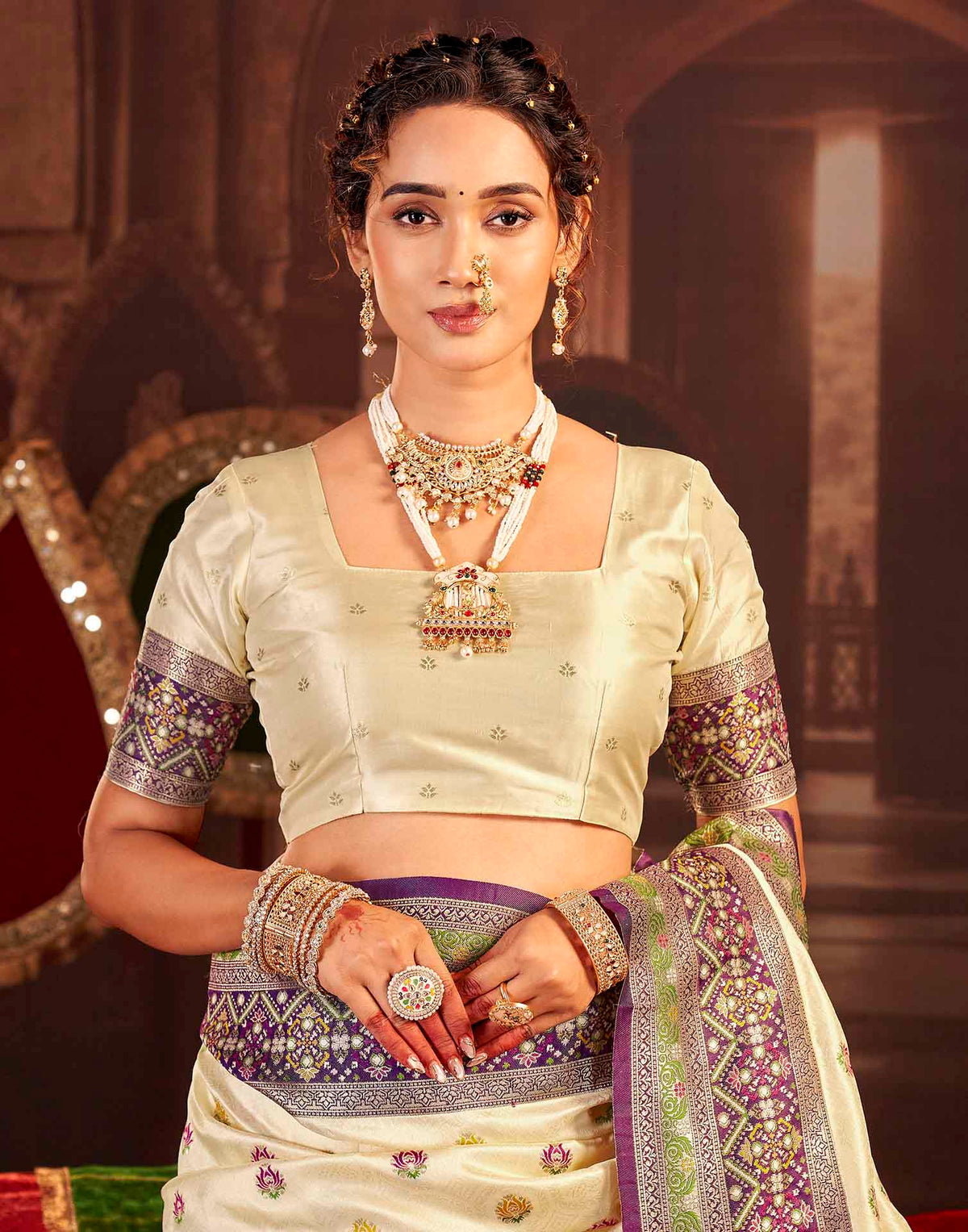 Crean Silk Woven Banarasi Saree