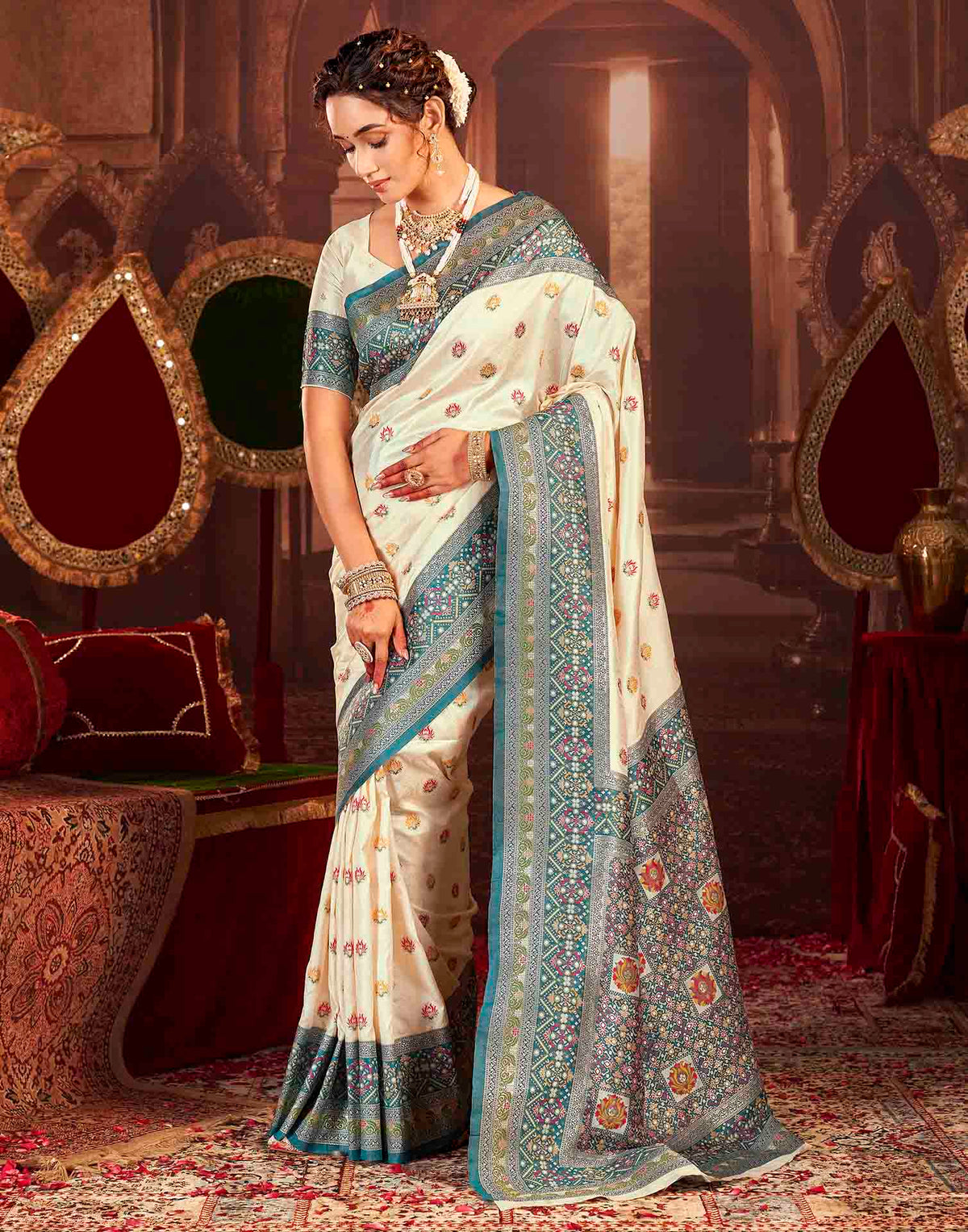 Crean Silk Woven Banarasi Saree