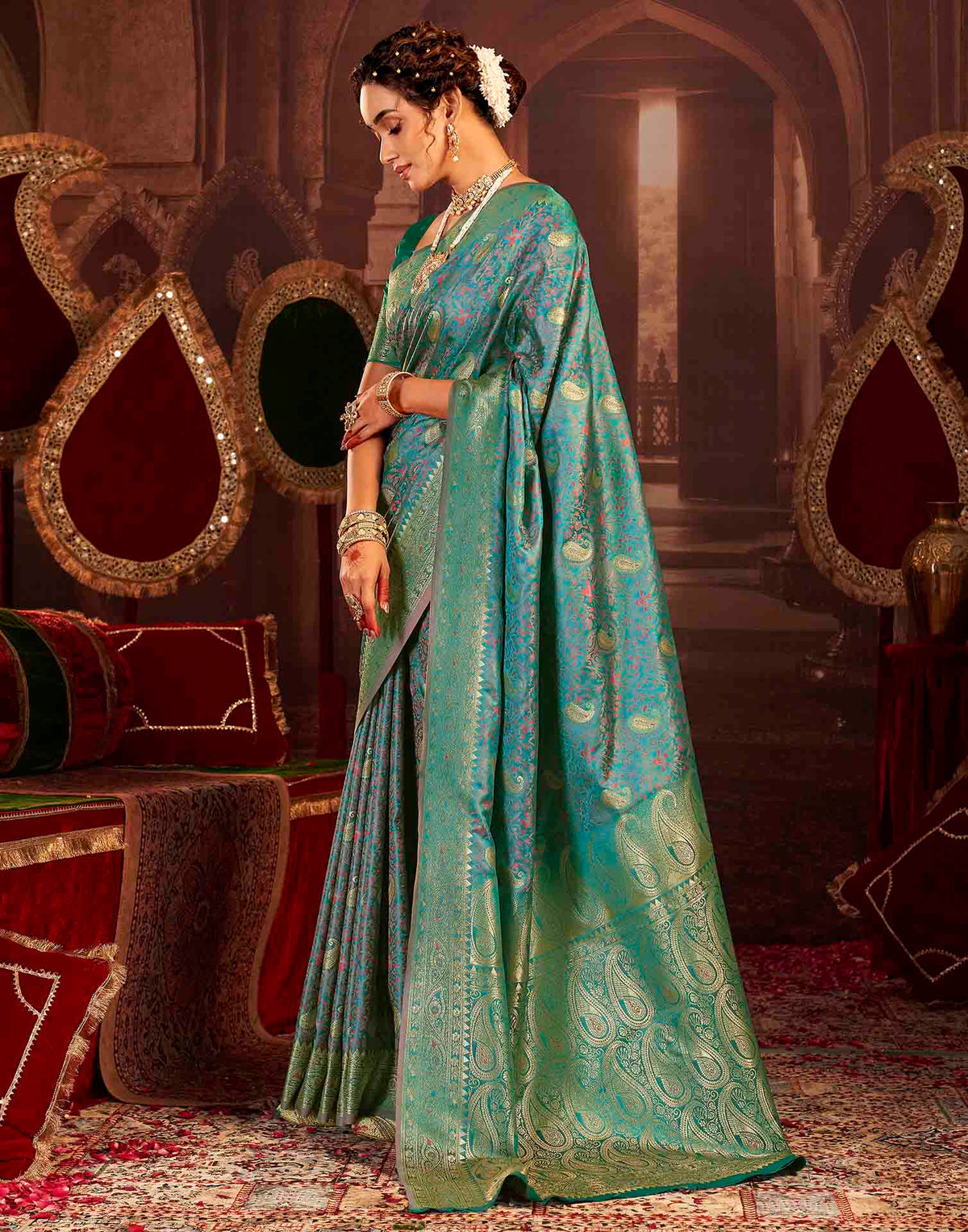 Peacock Blue Silk Woven Banarasi Saree