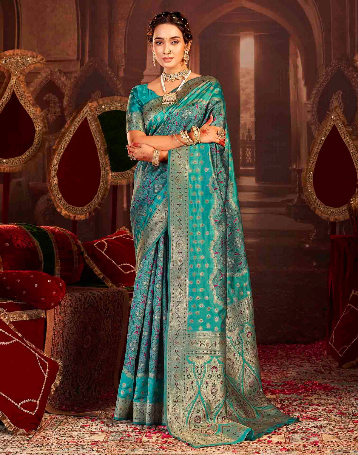 Teal Blue Silk Woven Banarasi Saree