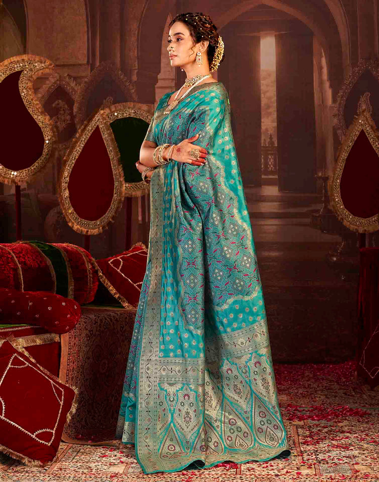 Teal Blue Silk Woven Banarasi Saree