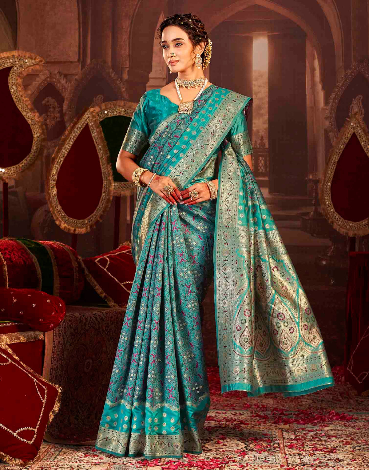 Teal Blue Silk Woven Banarasi Saree