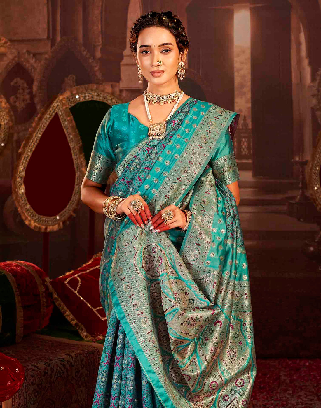 Teal Blue Silk Woven Banarasi Saree