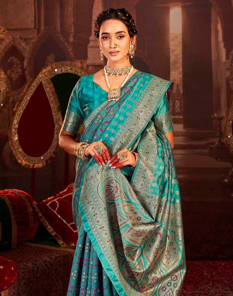 Teal Blue Silk Woven Banarasi Saree
