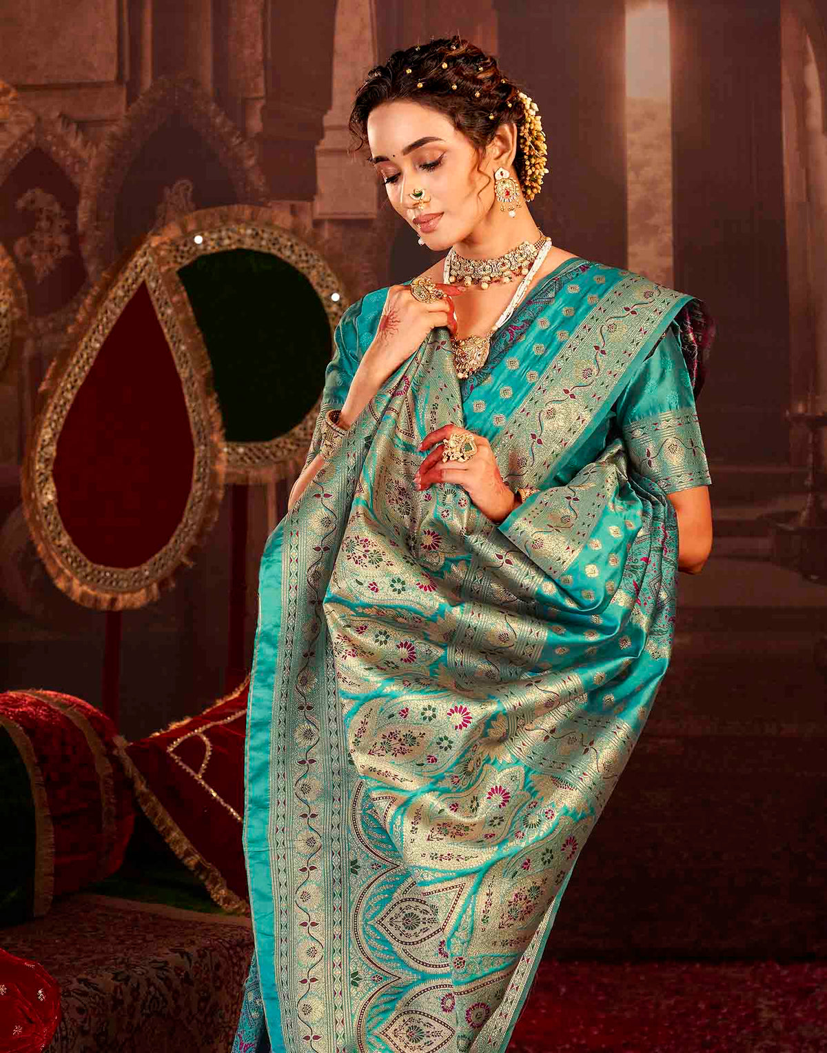 Teal Blue Silk Woven Banarasi Saree