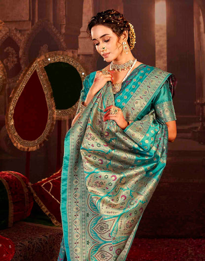 Teal Blue Silk Woven Banarasi Saree