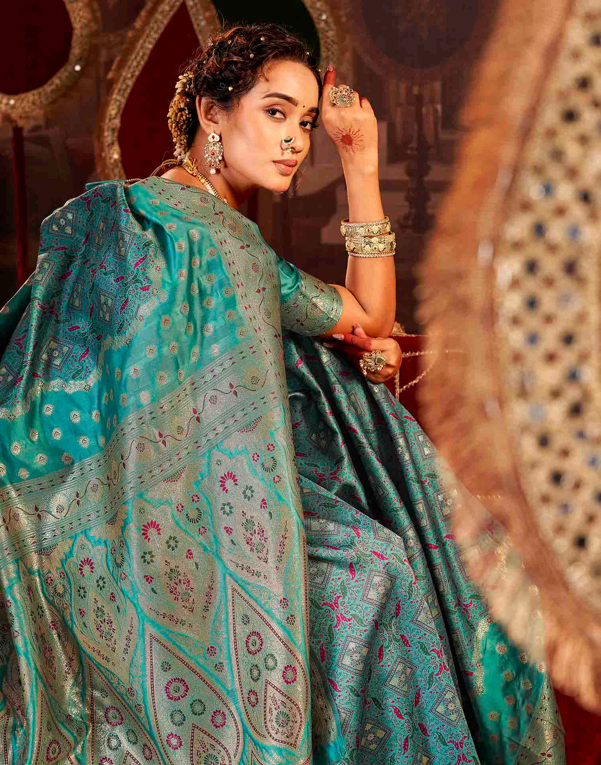 Teal Blue Silk Woven Banarasi Saree