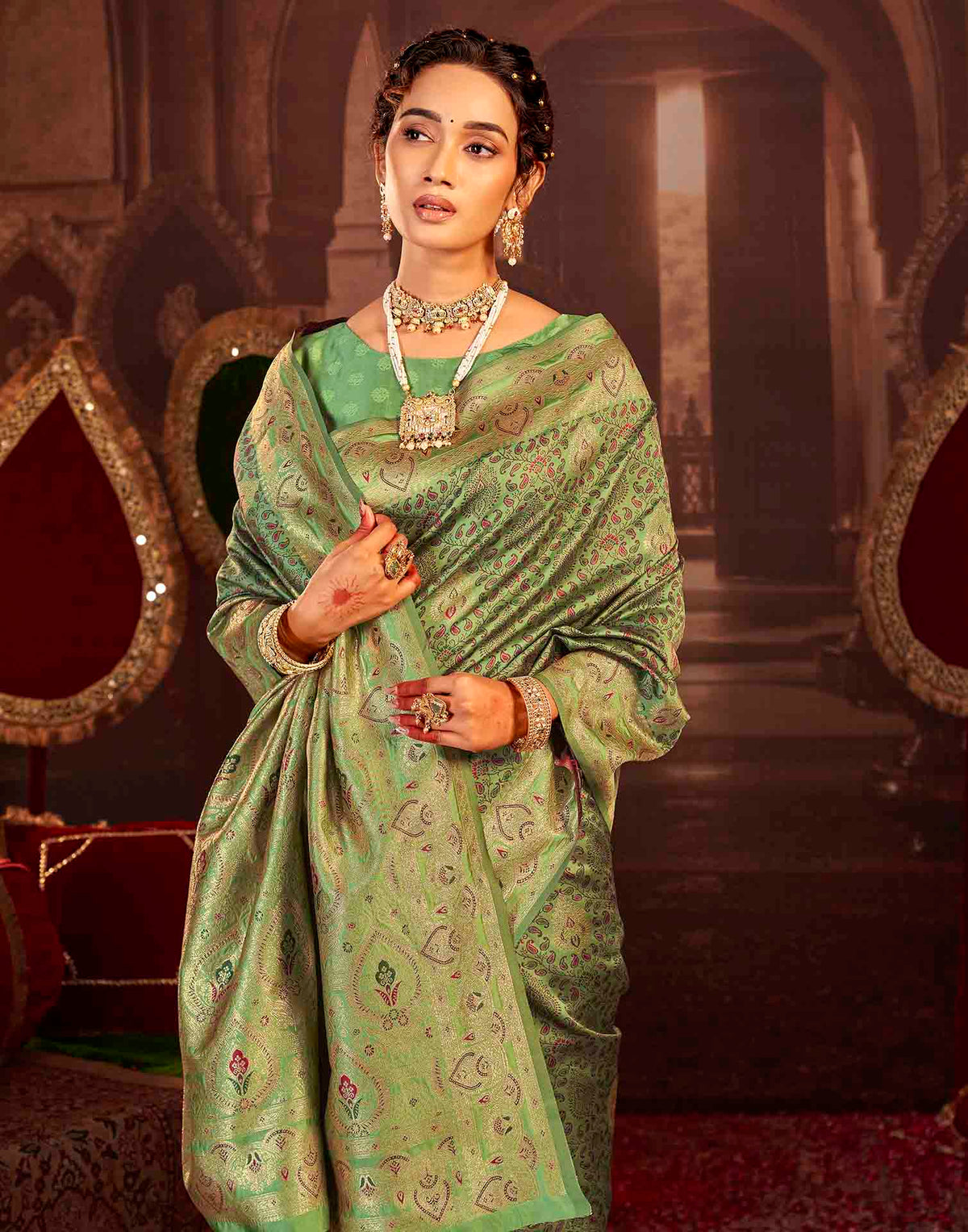 Pista Green Silk Woven Banarasi Saree