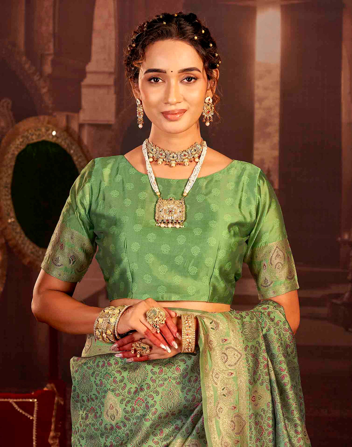 Pista Green Silk Woven Banarasi Saree