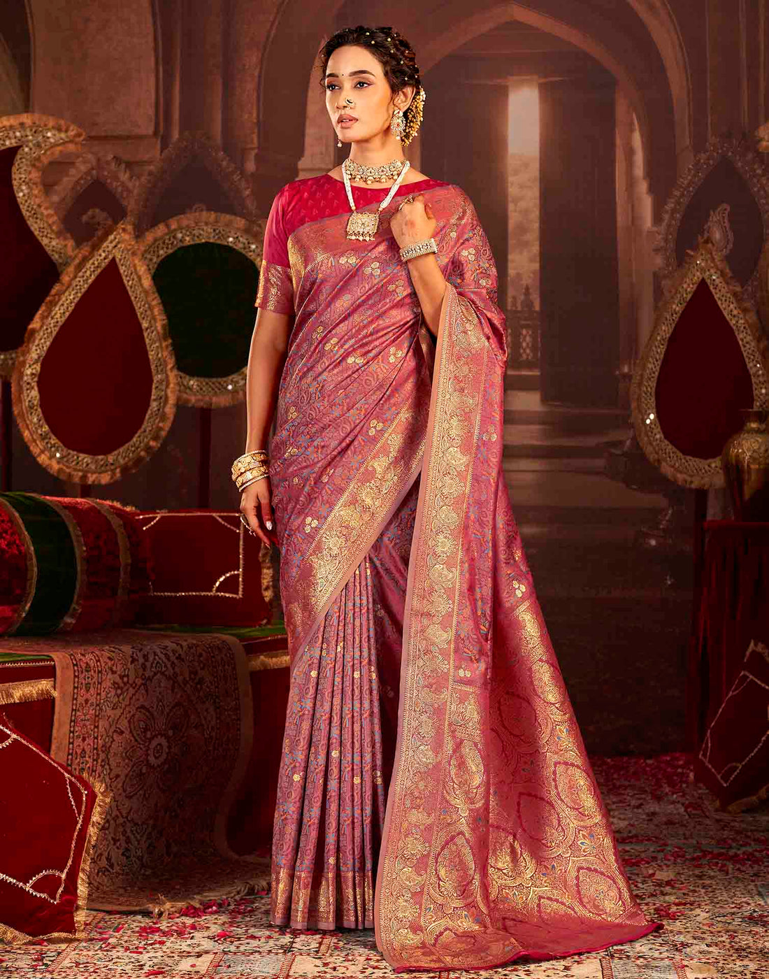 Dusty Rose Pink Silk Woven Banarasi Saree
