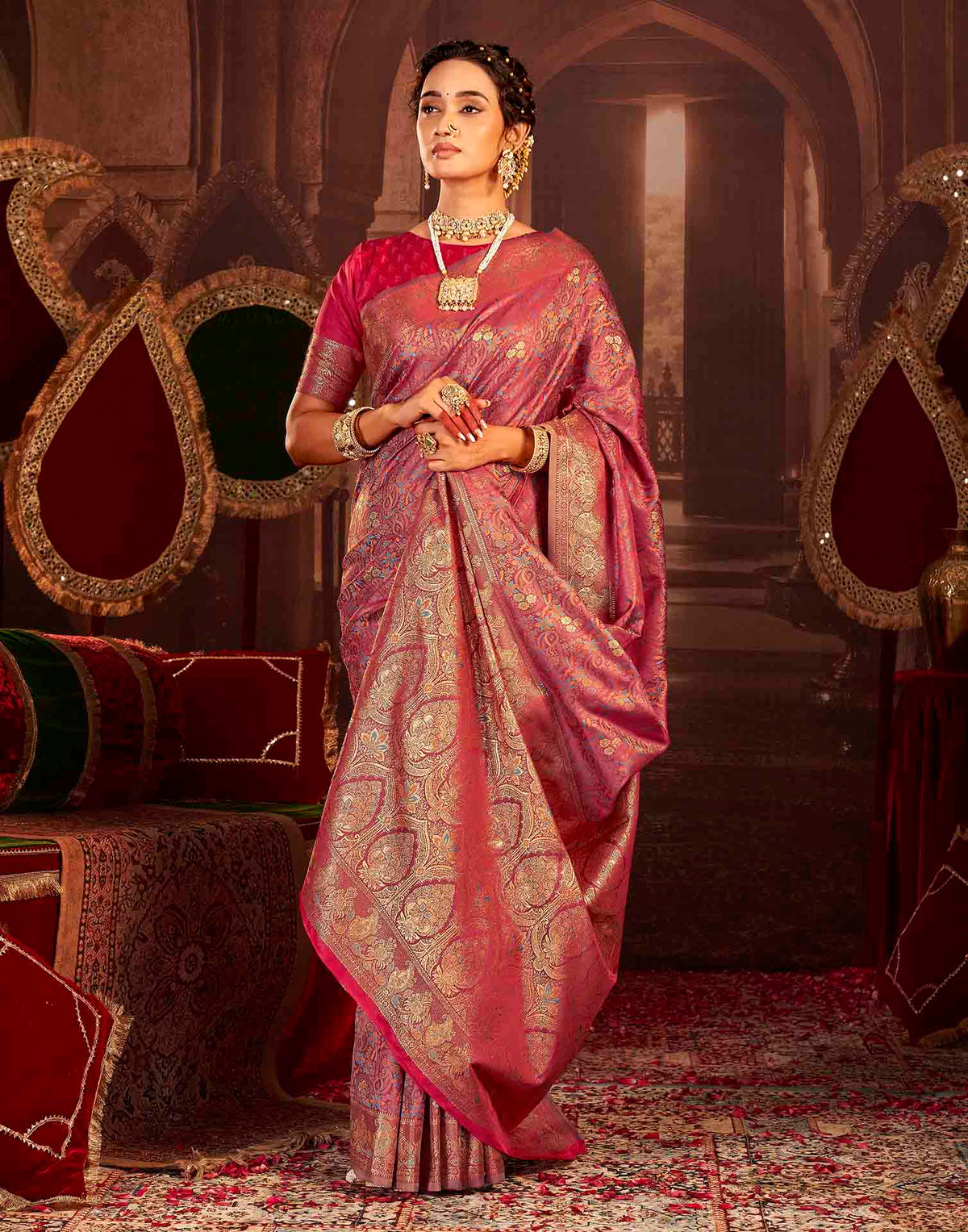 Dusty Rose Pink Silk Woven Banarasi Saree
