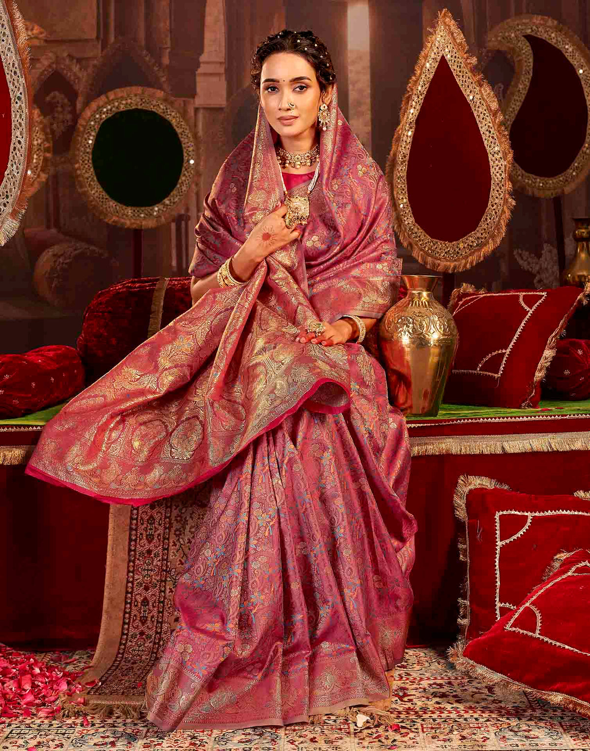 Dusty Rose Pink Silk Woven Banarasi Saree