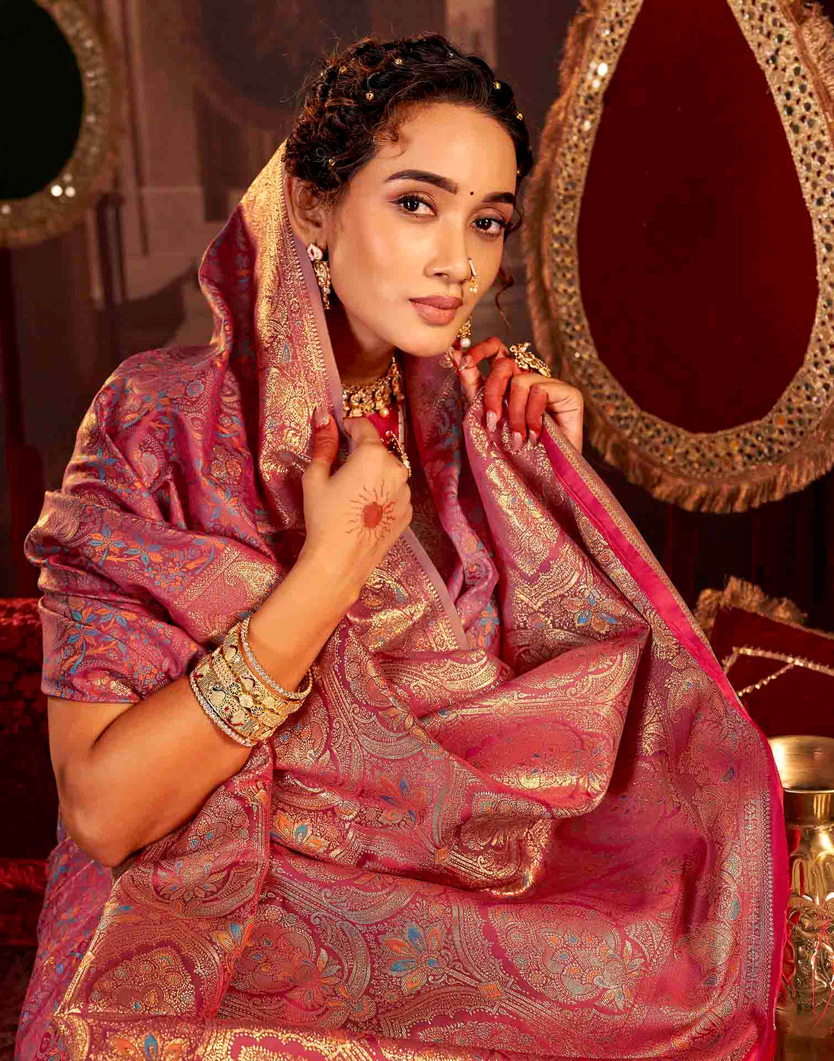 Dusty Rose Pink Silk Woven Banarasi Saree